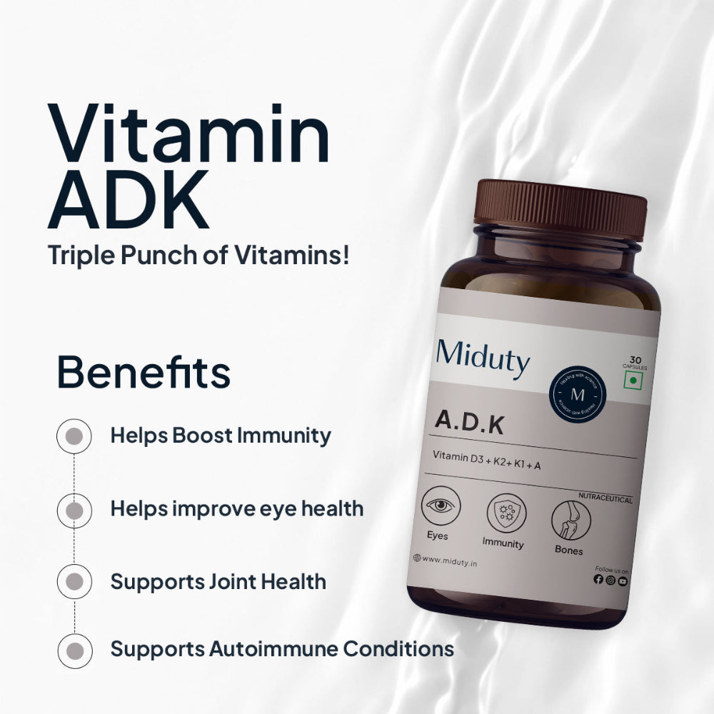 Miduty Vitamin ADK | D3 + K2 + K1 + A For Eyes, Immunity, Bones Care - 30 Capsules