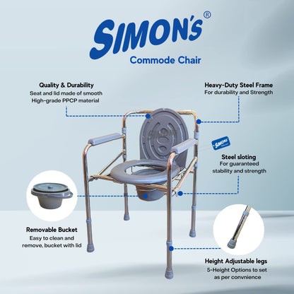 Simon’s Classic Foldable 3-in-1 Commode Chair, Raised toilet seat, Bed Side Commode for Elderly| Height Adjustable | Heavy Duty frame