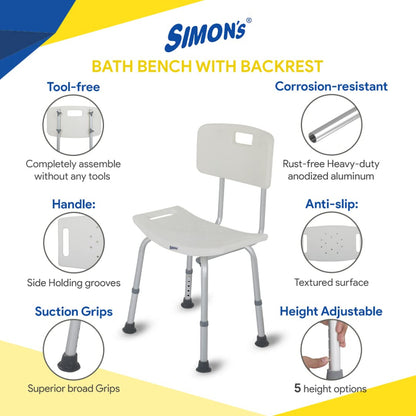 Simon's Bath Shower Curved Anti Slip Chair Bench with Backrest