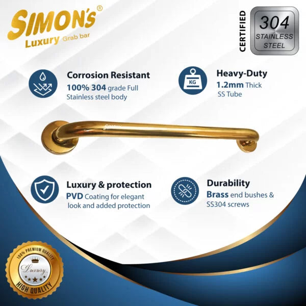 Simon’s Luxury 100% Stainless Steel 304 Heavy Duty Grab bar for Bathroom Handrailing and Safety Handle for Elderly – Gold Color