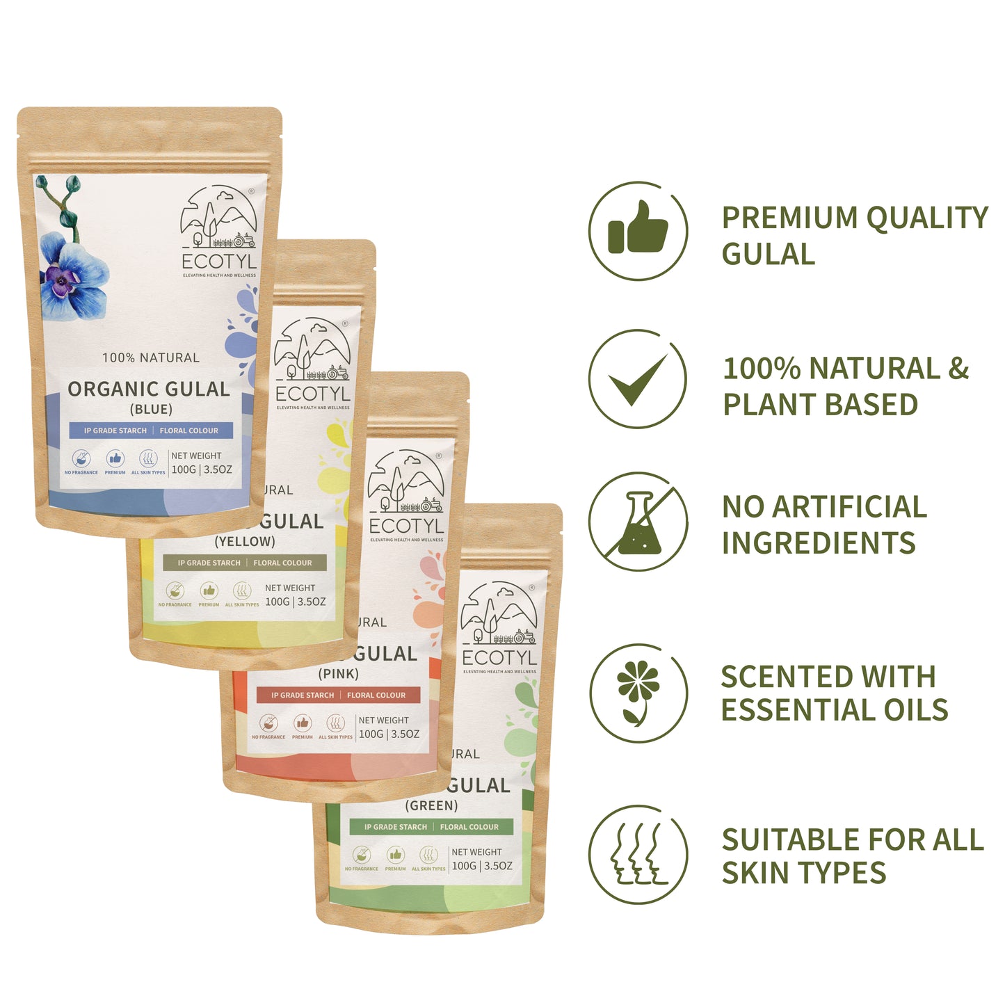 Ecotyl Natural Herbal Gulal | Floral Color & Skin Friendly | Set of 4 Colors (100g Each)