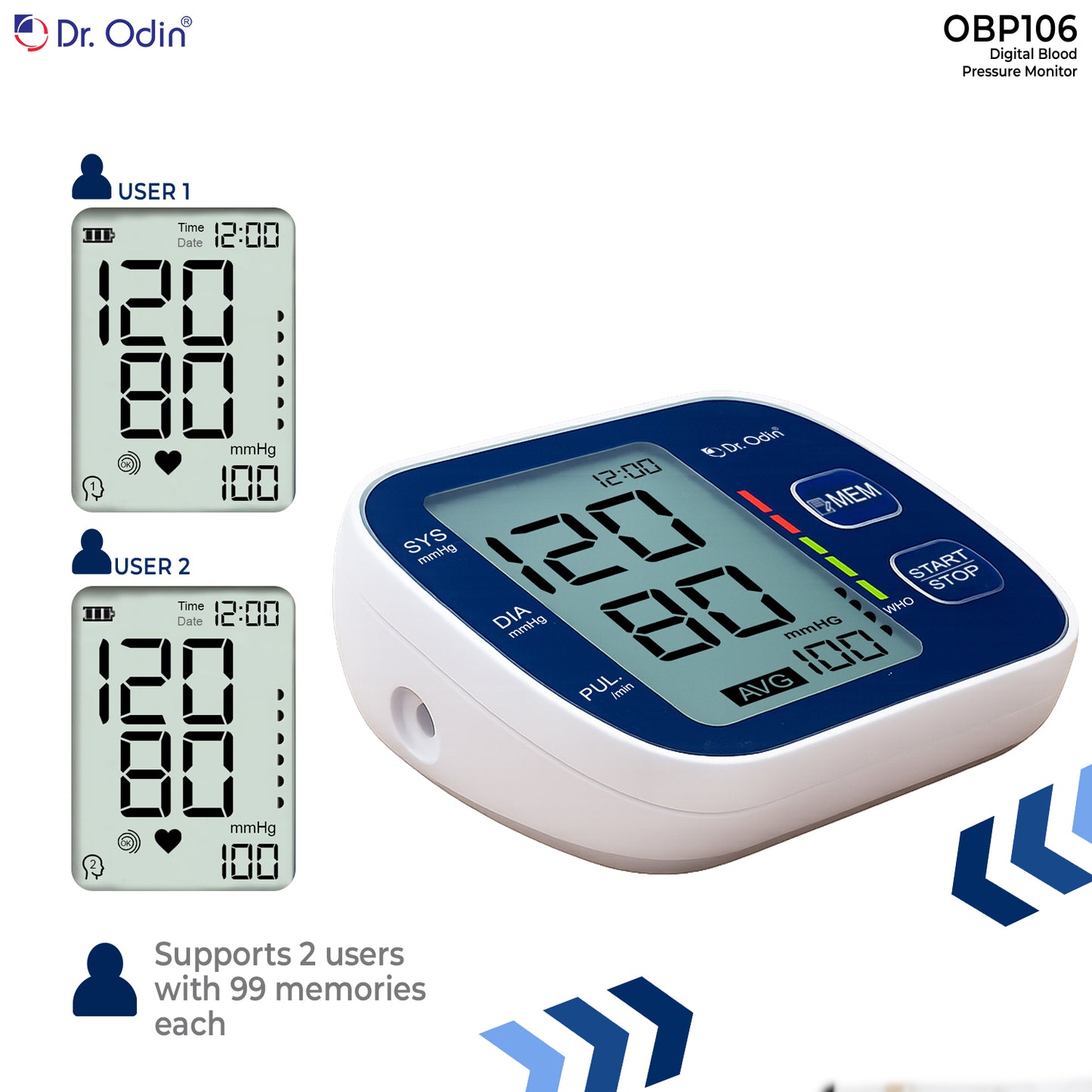 Dr. Odin OBP106 Automatic Digital BP Machine with Large Display, Blood Pressure Monitor for Home, Cuff 22–36 cm, Dual Memory, Battery Powered (Blue)