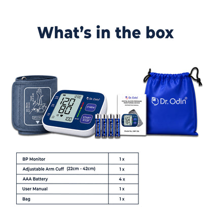 Dr. Odin OBP106 Automatic Digital BP Machine with Large Display, Blood Pressure Monitor for Home, Cuff 22–36 cm, Dual Memory, Battery Powered (Blue)