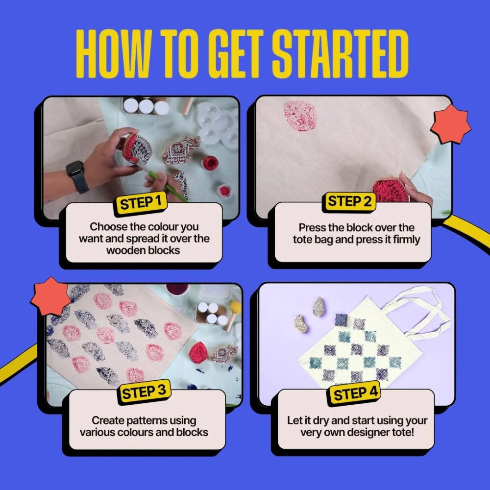 Kitsters DIY COMBO : DIY Block Printing Kit (Tote Bag) & DIY Tote Bag Painting Kit