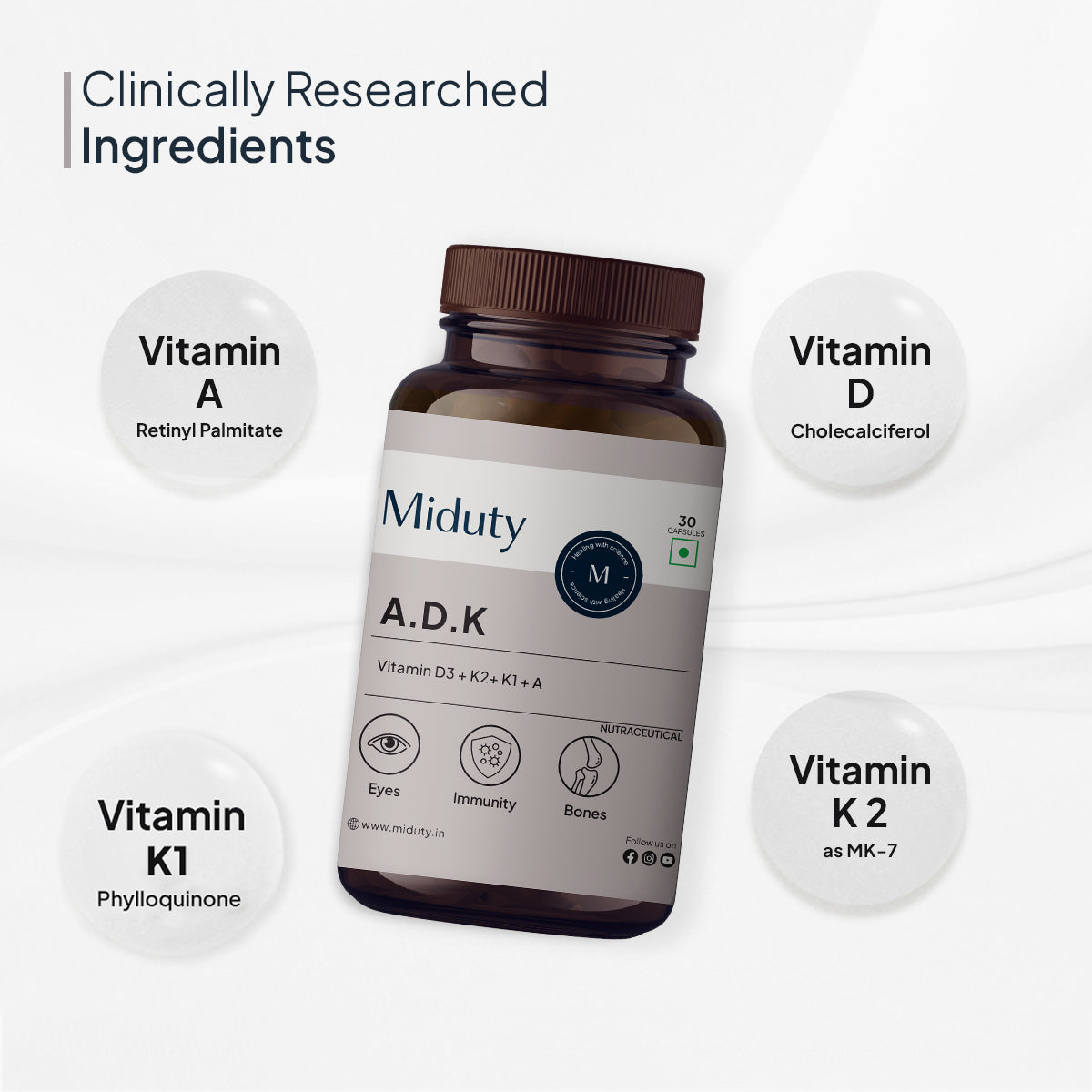 Miduty Vitamin ADK | D3 + K2 + K1 + A For Eyes, Immunity, Bones Care - 30 Capsules