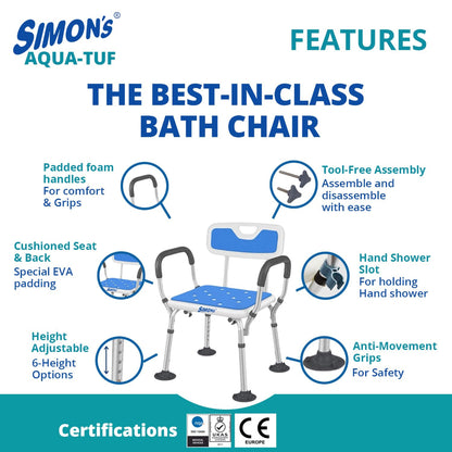 Simon's Aqua-TUF Heavy-Duty Shower Chair for Elderly | Adjustable Shower Bench with Arms | Tool-Free Assembly