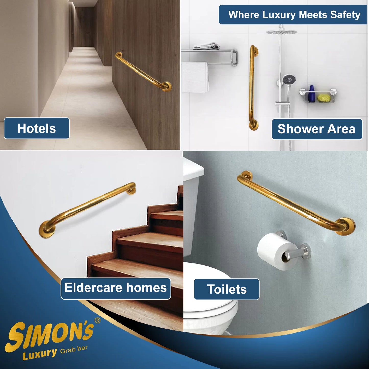 Simon’s Luxury 100% Stainless Steel 304 Heavy Duty Grab bar for Bathroom Handrailing and Safety Handle for Elderly – Gold Color