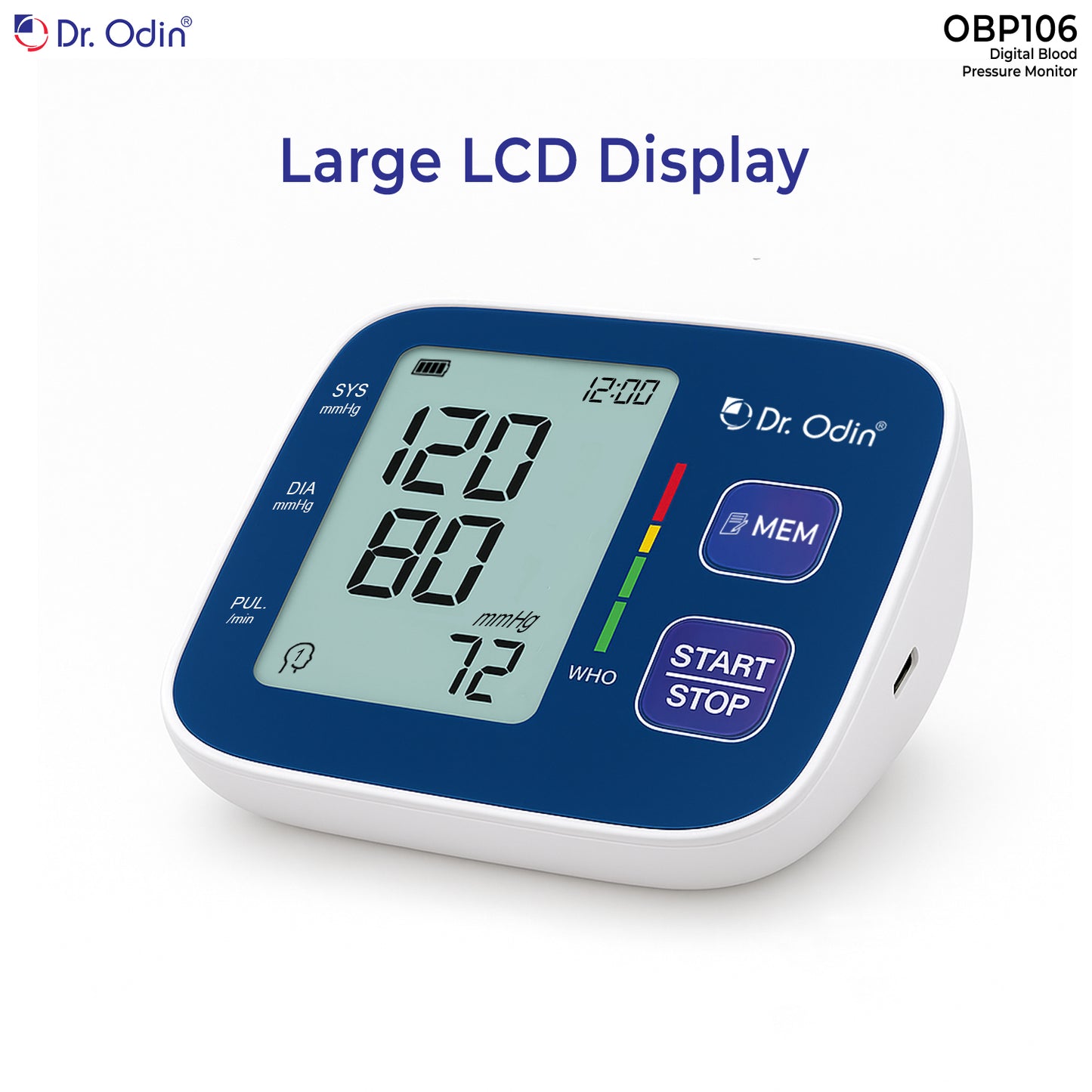 Dr. Odin OBP106 Automatic Digital BP Machine with Large Display, Blood Pressure Monitor for Home, Cuff 22–36 cm, Dual Memory, Battery Powered (Blue)