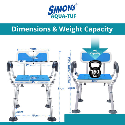 Simon's Aqua-TUF Heavy-Duty Shower Chair for Elderly | Adjustable Shower Bench with Arms | Tool-Free Assembly