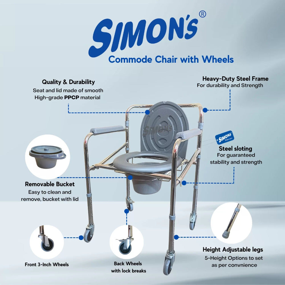 Simon’s Classic Foldable 4-in-1 Commode Chair with Wheels| Height Adjustable | Heavy Duty frame