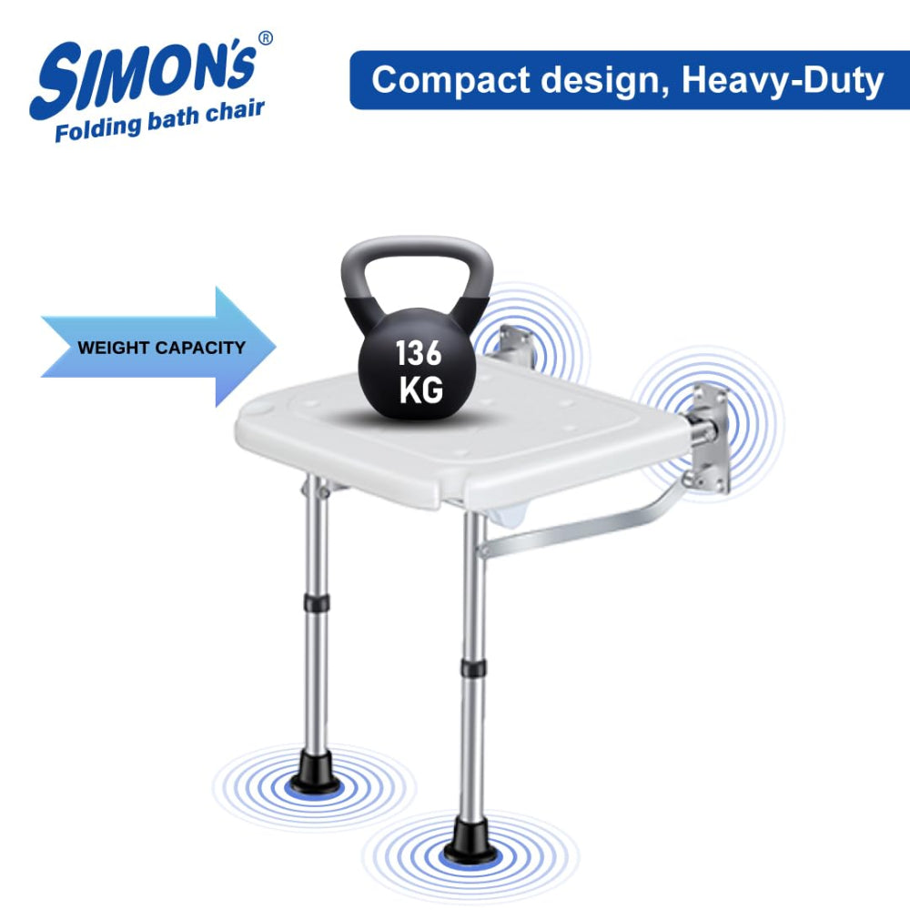 Simon’s Folding Wall Bath Chair with Adjustable Legs | Supports Upto 136 Kgs | Adjustable Height
