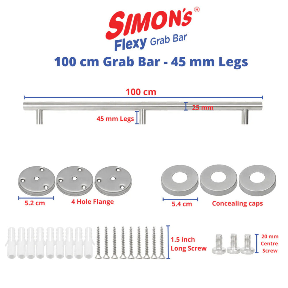 Simon's Flexy 304 Stainless Steel Grab Bar for Bathroom and Toilet Safety Handle of Elderly People  - (75cm – 100cm)