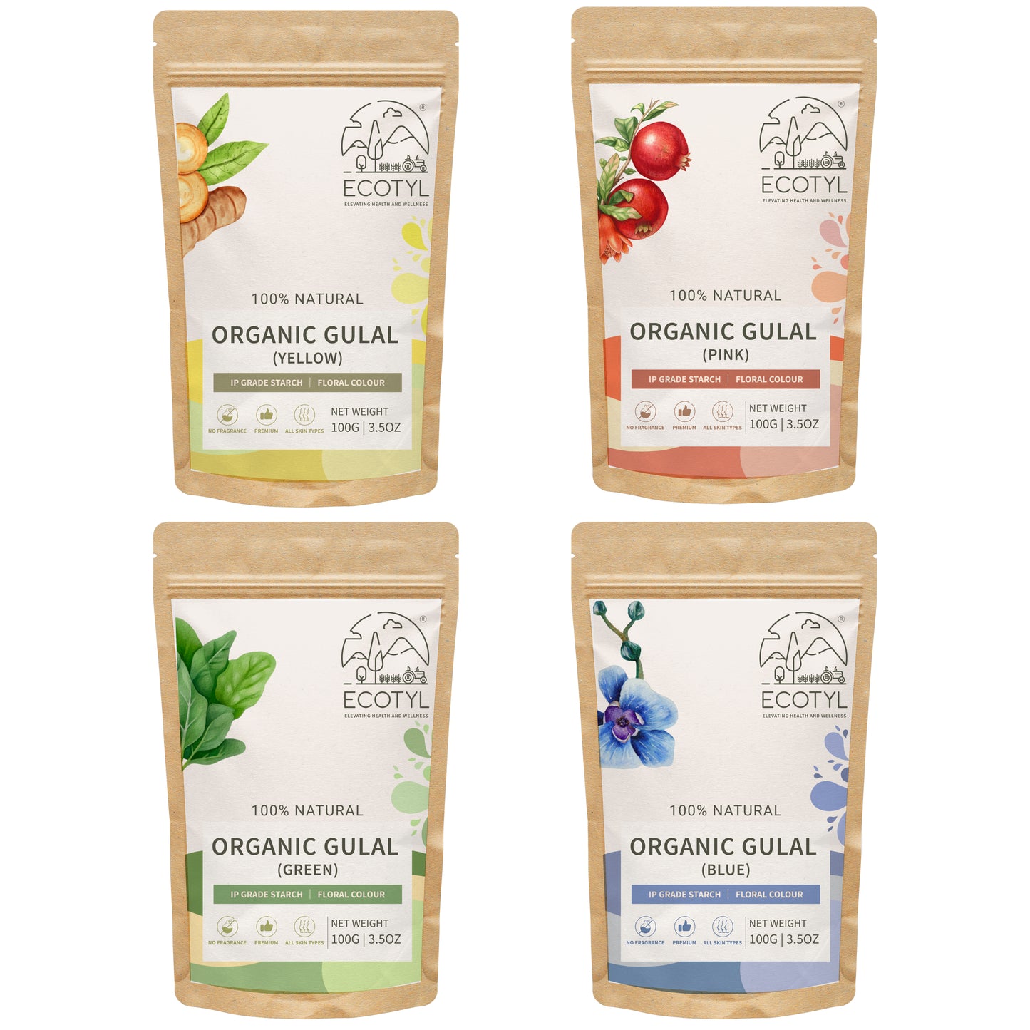 Ecotyl Natural Herbal Gulal | Floral Color & Skin Friendly | Set of 4 Colors (100g Each)