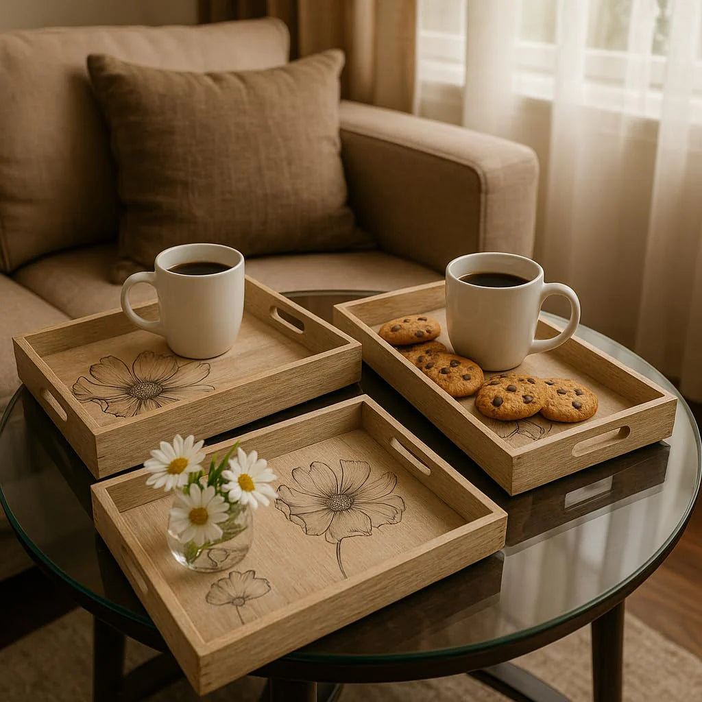 Comfy Homes Wooden Serving Tray (Beige, Set of 3)