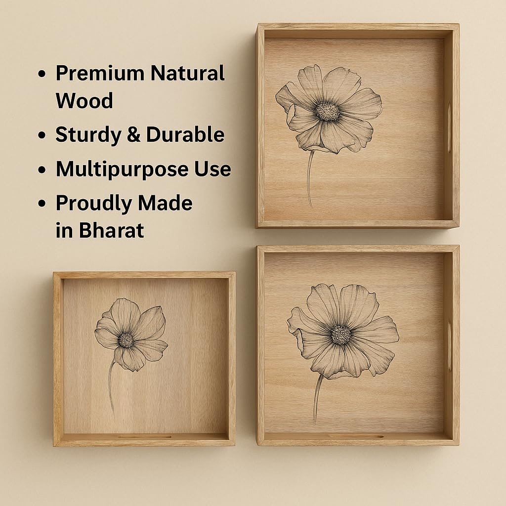 Comfy Homes Wooden Serving Tray (Beige, Set of 3)