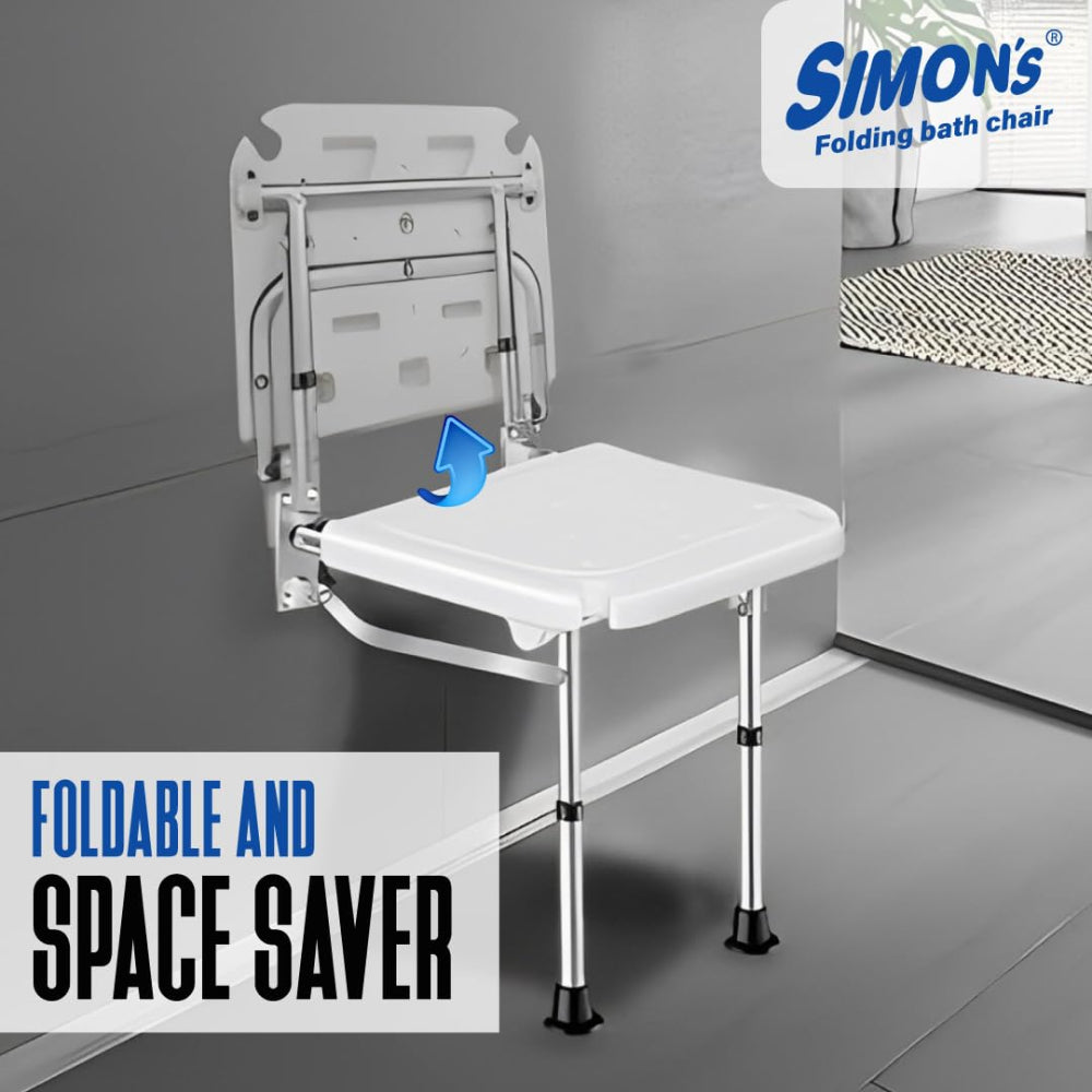 Simon’s Folding Wall Bath Chair with Adjustable Legs | Supports Upto 136 Kgs | Adjustable Height