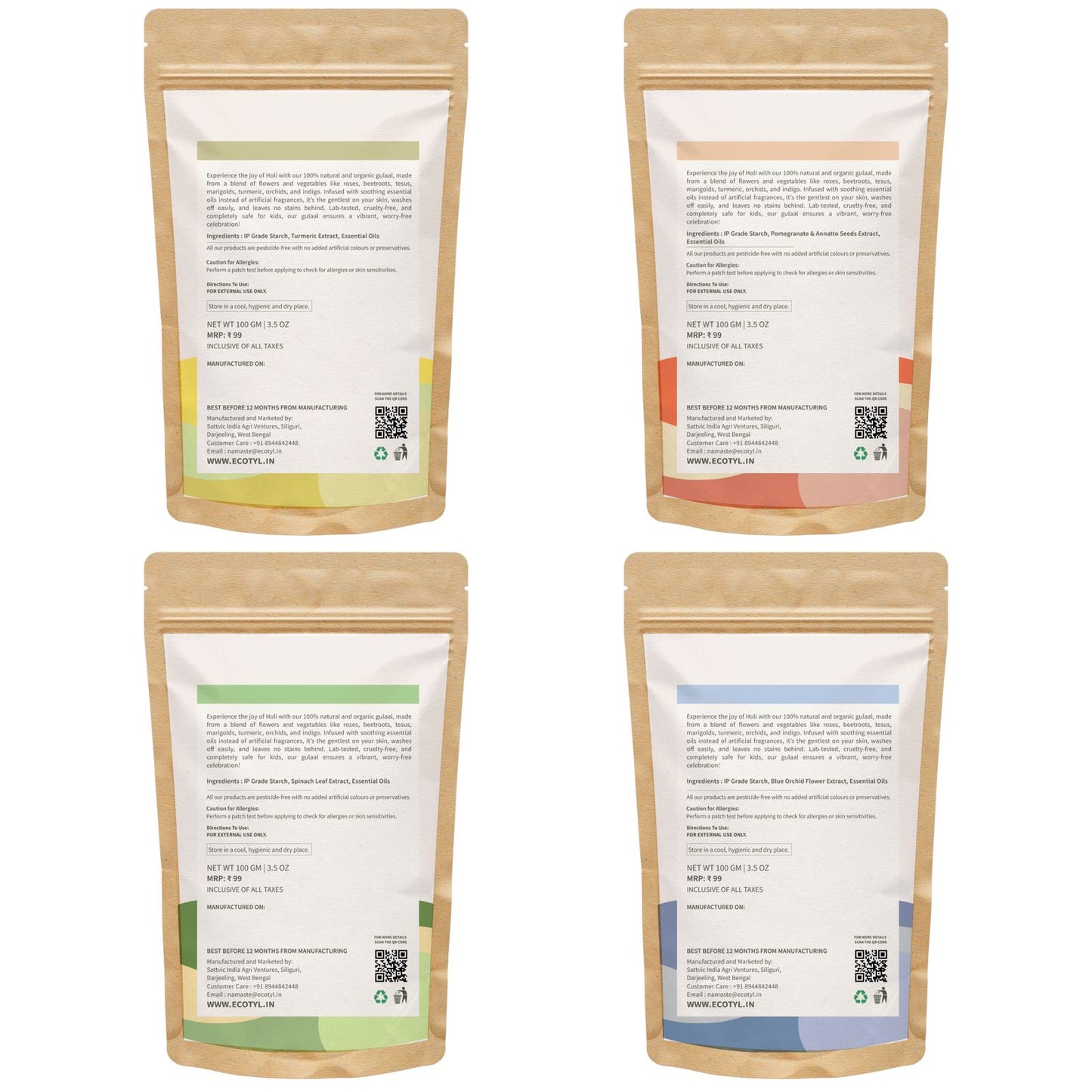 Ecotyl Natural Herbal Gulal | Floral Color & Skin Friendly | Set of 4 Colors (100g Each)