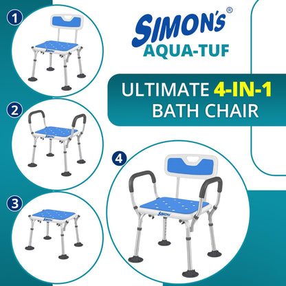 Simon's Aqua-TUF Heavy-Duty Shower Chair for Elderly | Adjustable Shower Bench with Arms | Tool-Free Assembly