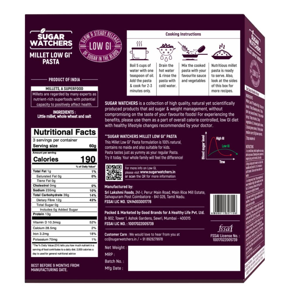 Sugar Watchers Low GI Millet Pasta, Macaroni, No Maida, Diabetic Friendly