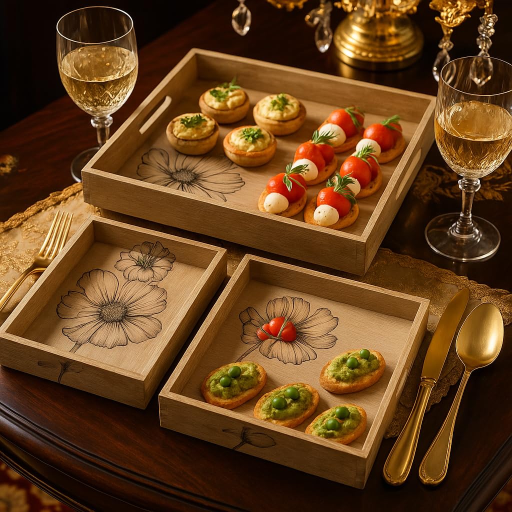 Comfy Homes Wooden Serving Tray (Beige, Set of 3)