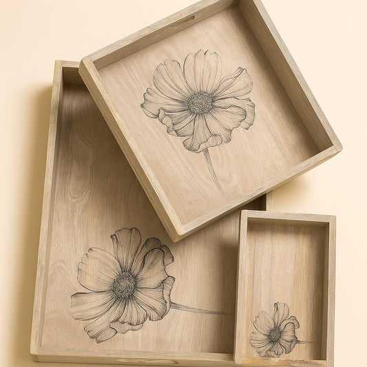 Comfy Homes Wooden Serving Tray (Beige, Set of 3)
