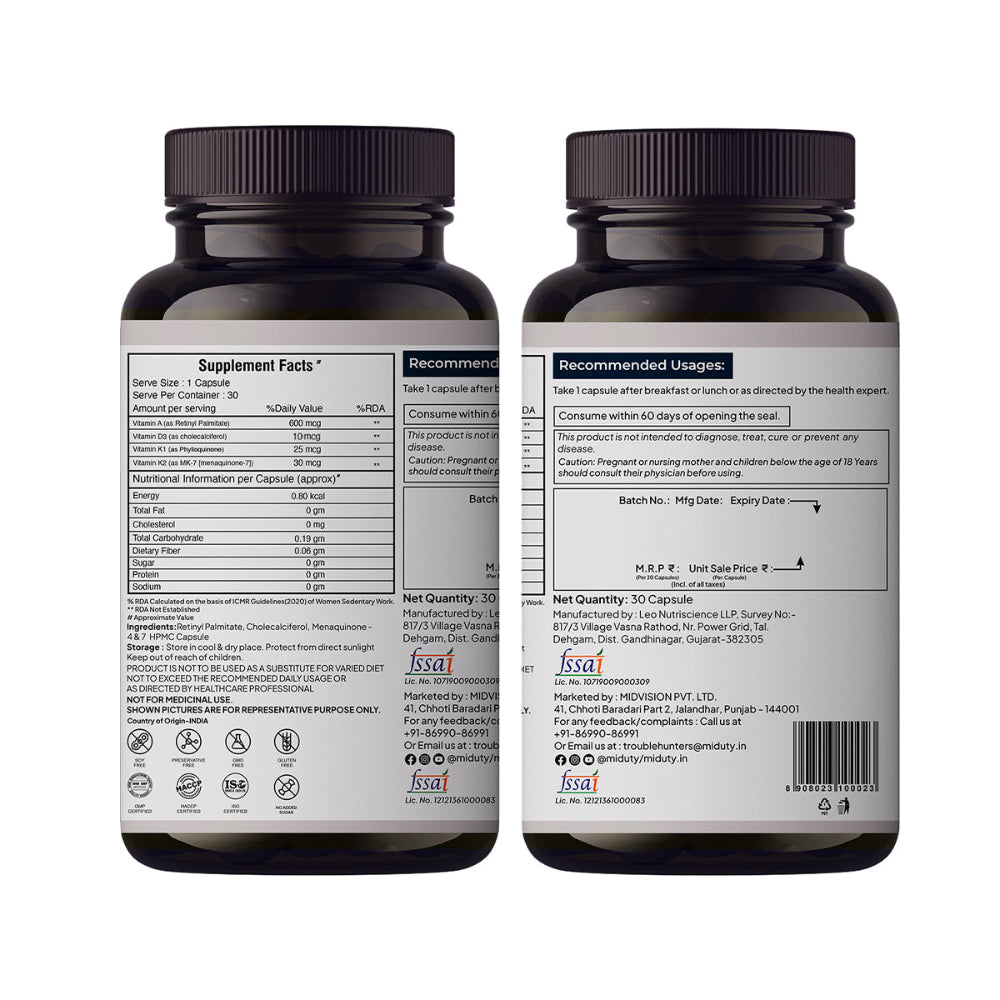 Miduty Vitamin ADK | D3 + K2 + K1 + A For Eyes, Immunity, Bones Care - 30 Capsules
