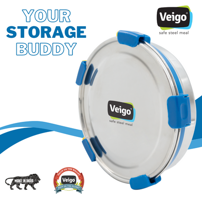 Veigo Maxosteel Round Storage Boxes with reversible clip mechanism- Set of 3 lunch boxes containers