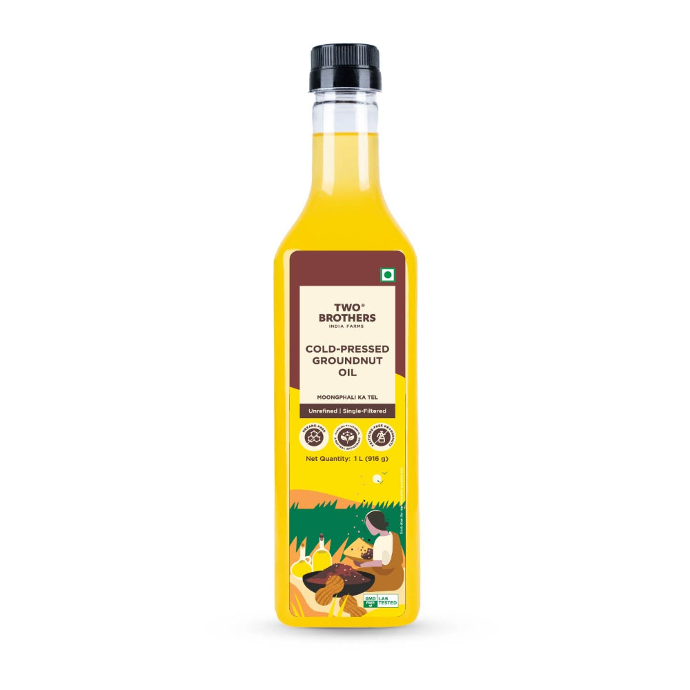 Two Brothers India Farms Groundnut Oil, Made using farm grown Groundnuts | Cold-Pressed and Single-Filtered Oil for healthier Cooking | Kacchi Ghani/Mara Chekku, Natural and Unrefined