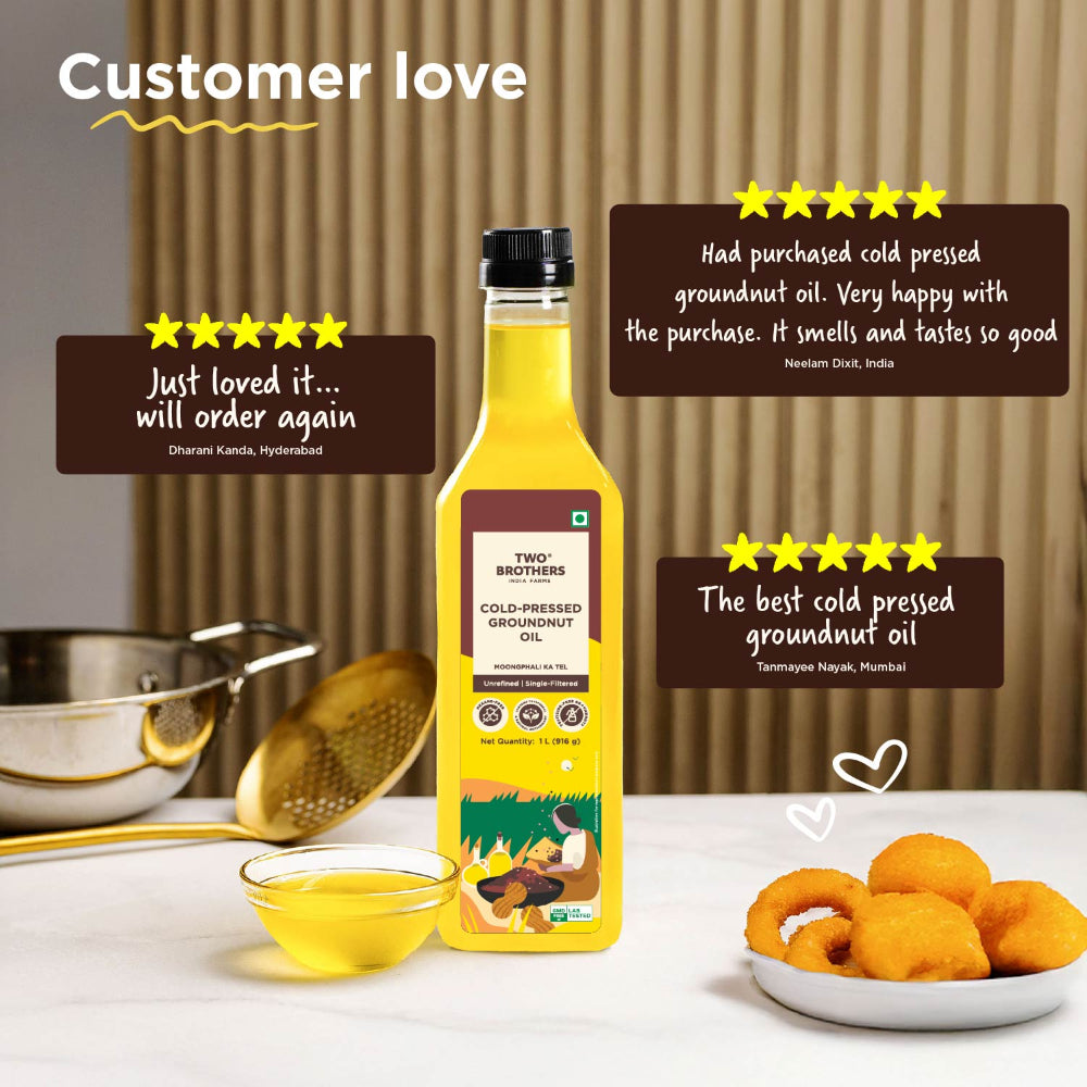 Two Brothers India Farms Groundnut Oil, Made using farm grown Groundnuts | Cold-Pressed and Single-Filtered Oil for healthier Cooking | Kacchi Ghani/Mara Chekku, Natural and Unrefined