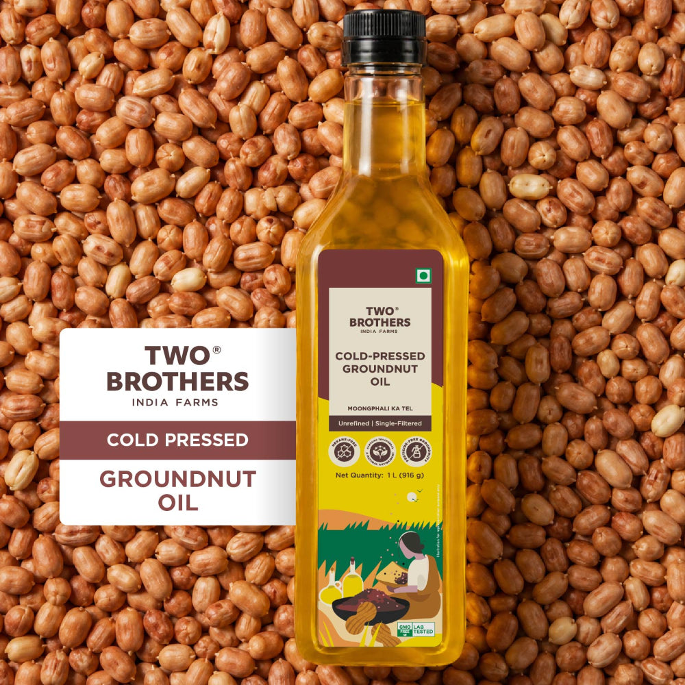 Two Brothers India Farms Groundnut Oil, Made using farm grown Groundnuts | Cold-Pressed and Single-Filtered Oil for healthier Cooking | Kacchi Ghani/Mara Chekku, Natural and Unrefined