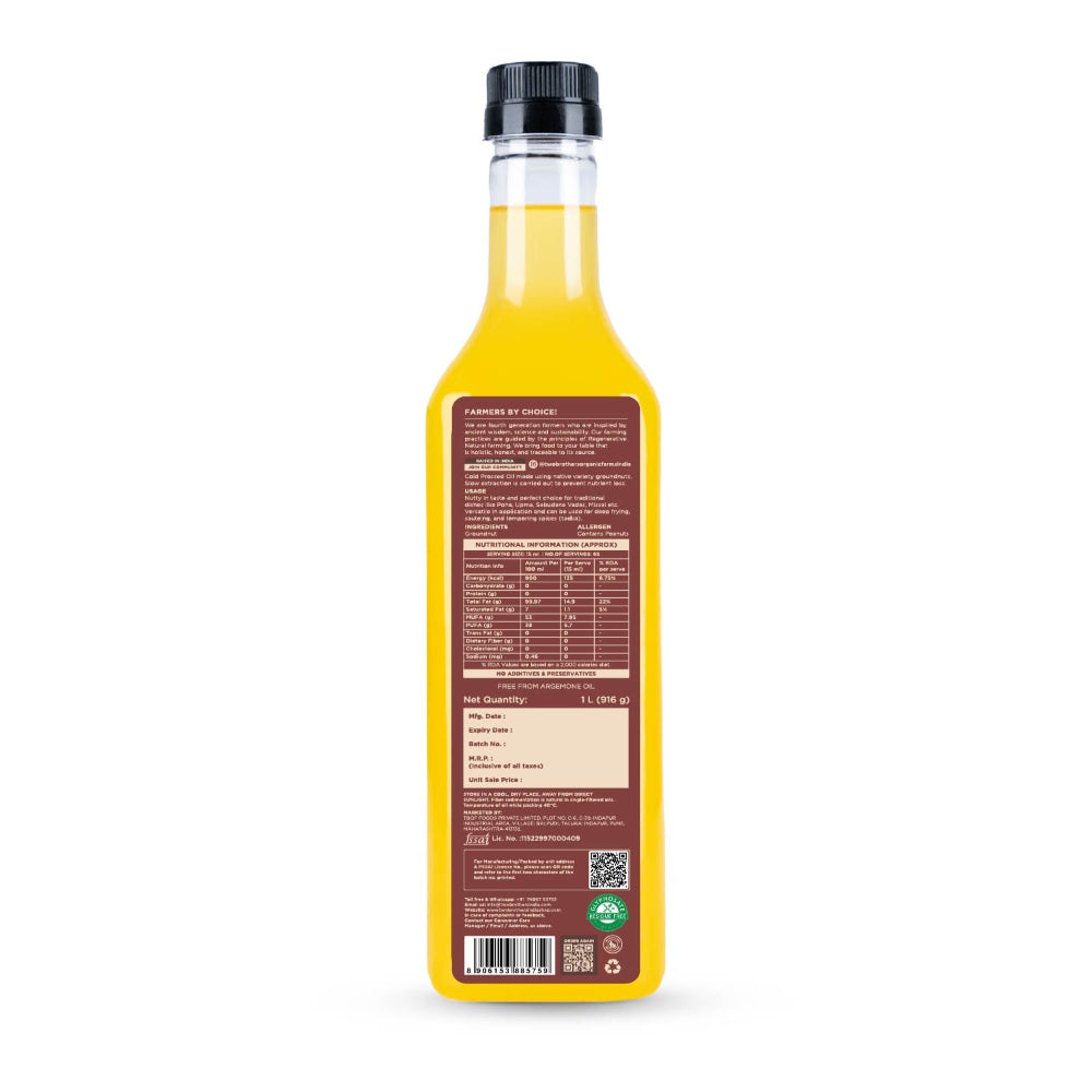 Two Brothers India Farms Groundnut Oil, Made using farm grown Groundnuts | Cold-Pressed and Single-Filtered Oil for healthier Cooking | Kacchi Ghani/Mara Chekku, Natural and Unrefined