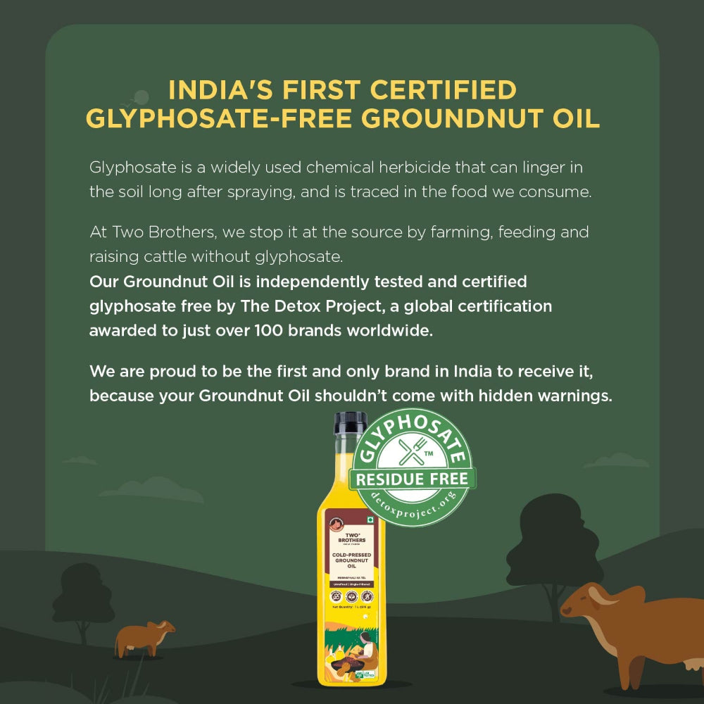 Two Brothers India Farms Groundnut Oil, Made using farm grown Groundnuts | Cold-Pressed and Single-Filtered Oil for healthier Cooking | Kacchi Ghani/Mara Chekku, Natural and Unrefined