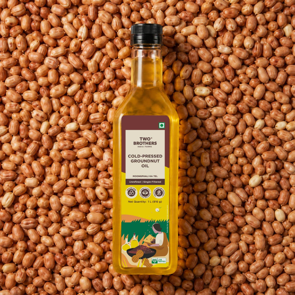 Two Brothers India Farms Groundnut Oil, Made using farm grown Groundnuts | Cold-Pressed and Single-Filtered Oil for healthier Cooking | Kacchi Ghani/Mara Chekku, Natural and Unrefined