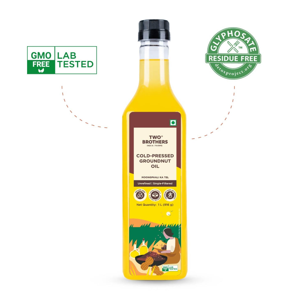 Two Brothers India Farms Groundnut Oil, Made using farm grown Groundnuts | Cold-Pressed and Single-Filtered Oil for healthier Cooking | Kacchi Ghani/Mara Chekku, Natural and Unrefined