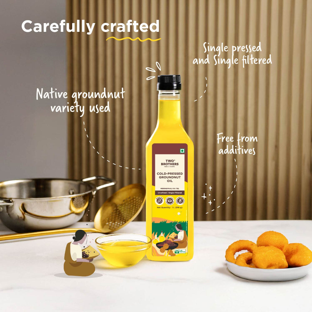 Two Brothers India Farms Groundnut Oil, Made using farm grown Groundnuts | Cold-Pressed and Single-Filtered Oil for healthier Cooking | Kacchi Ghani/Mara Chekku, Natural and Unrefined