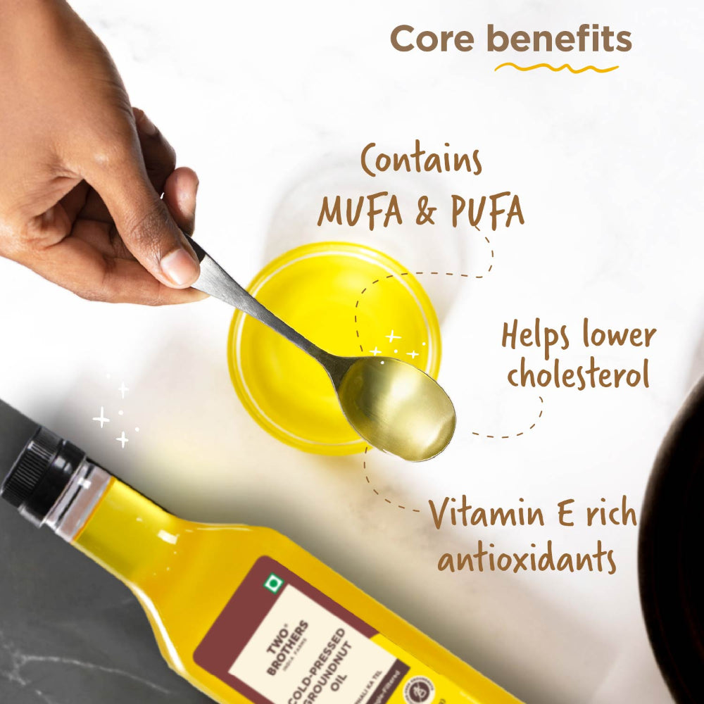 Two Brothers India Farms Groundnut Oil, Made using farm grown Groundnuts | Cold-Pressed and Single-Filtered Oil for healthier Cooking | Kacchi Ghani/Mara Chekku, Natural and Unrefined