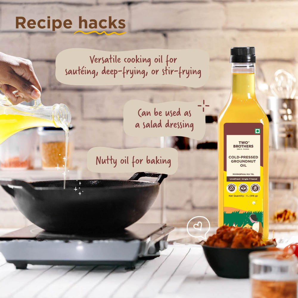 Two Brothers India Farms Groundnut Oil, Made using farm grown Groundnuts | Cold-Pressed and Single-Filtered Oil for healthier Cooking | Kacchi Ghani/Mara Chekku, Natural and Unrefined