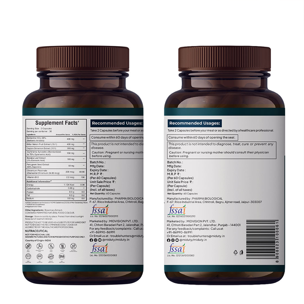 Miduty Berberine HCL 98% Blood Sugar Control Supplement