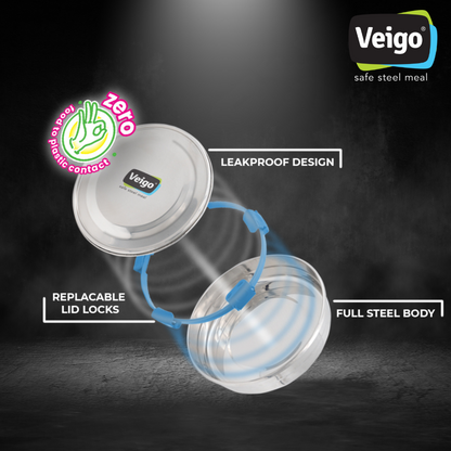Veigo Maxosteel Round Storage Boxes with reversible clip mechanism- Set of 3 lunch boxes containers