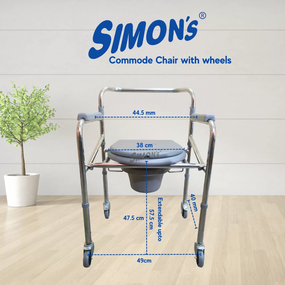 Simon’s Classic Foldable 4-in-1 Commode Chair with Wheels| Height Adjustable | Heavy Duty frame