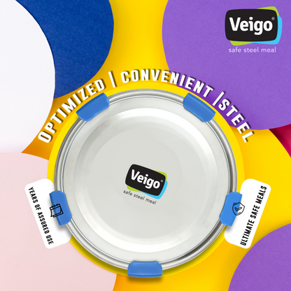 Veigo Maxosteel Round Storage Boxes with reversible clip mechanism- Set of 3 lunch boxes containers