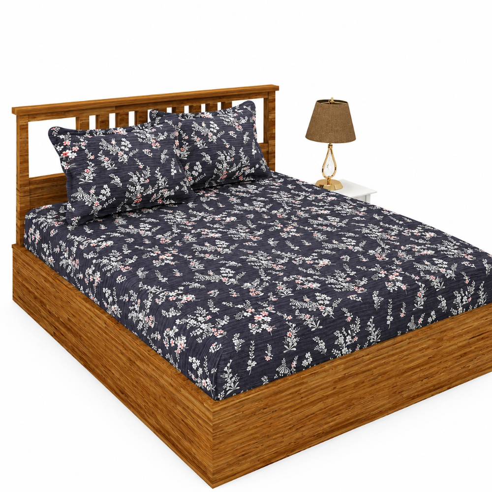 Morado Premium Glace Cotton Elastic Fitted Double Bedsheet with 2 Pillow Covers (72x78x8 Inches)- Blue Bale