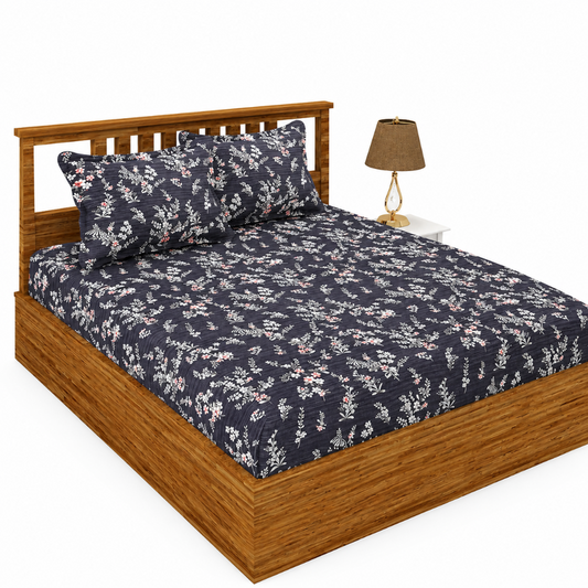 Morado Premium Glace Cotton Elastic Fitted Double Bedsheet with 2 Pillow Covers (72x78x8 Inches)- Blue Bale