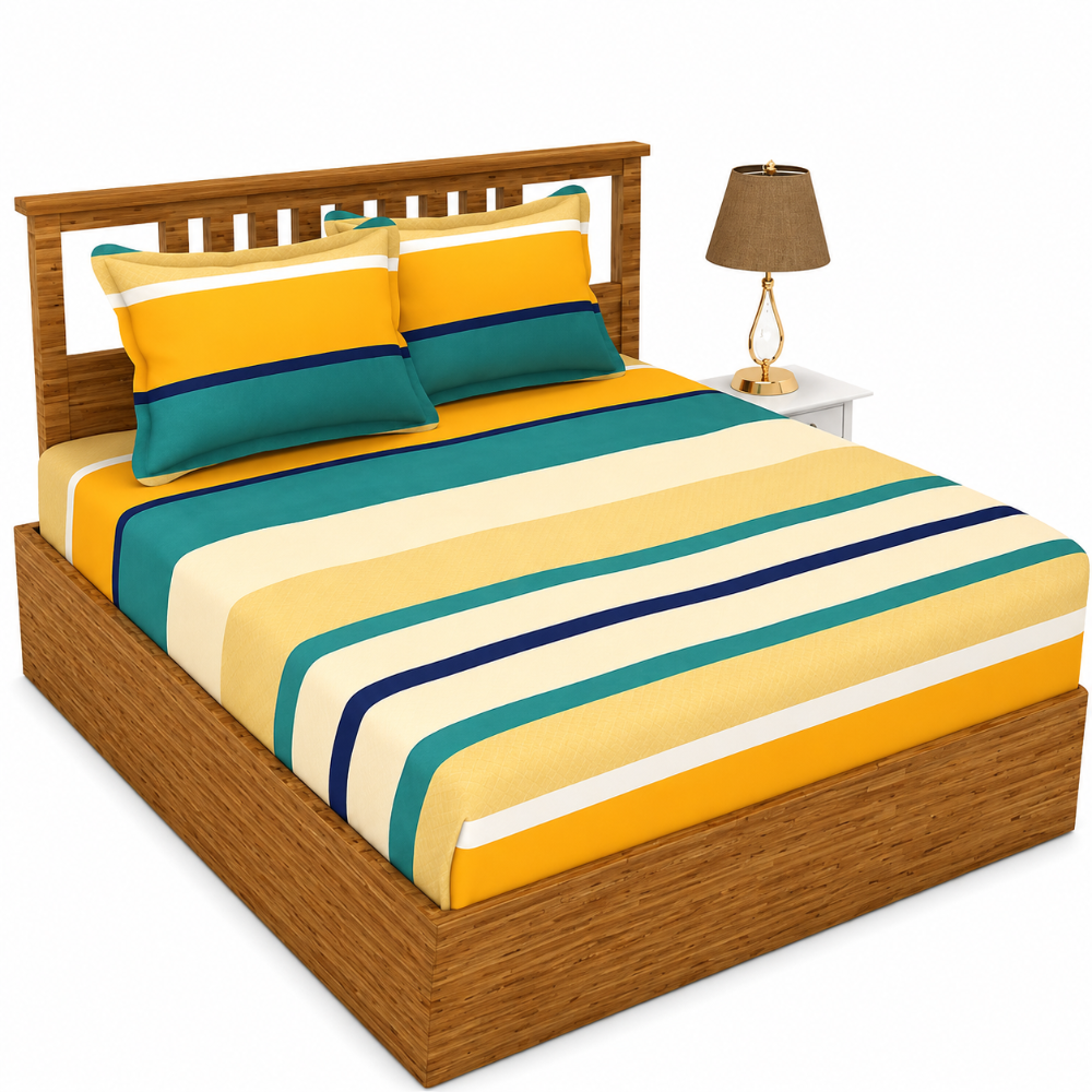 Morado Premium Glace Cotton Elastic Fitted Double Bedsheet with 2 Pillow Covers (72x78x8 Inches)- Brown Hrizontal Line