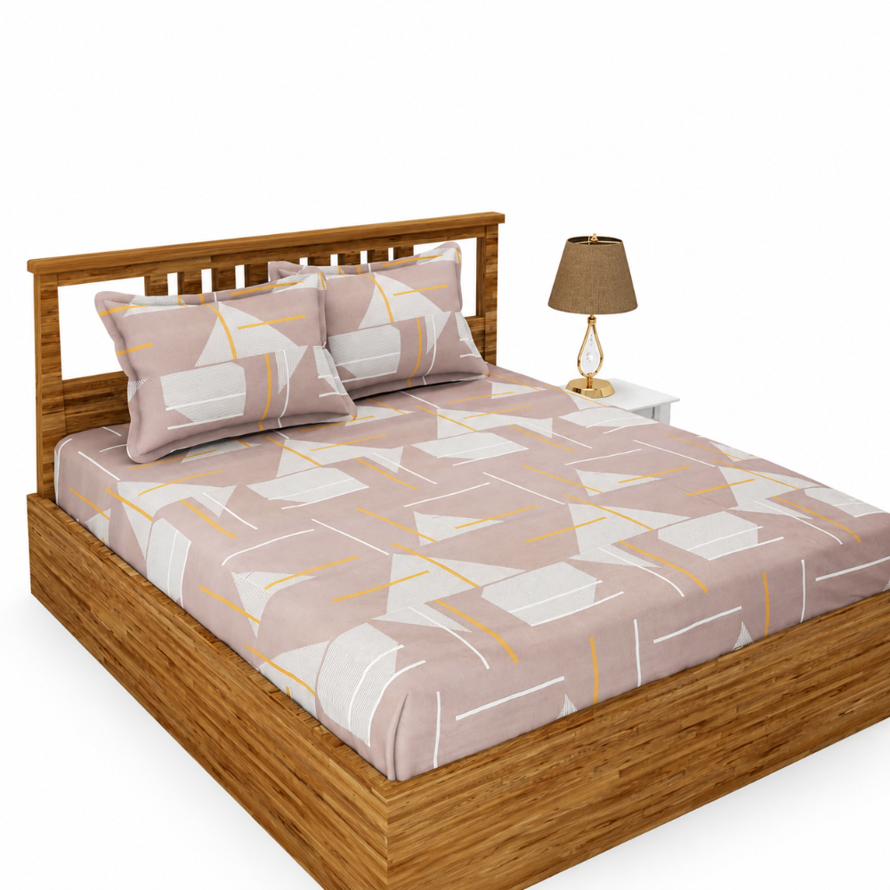 Morado Premium Glace Cotton Elastic Fitted Double Bedsheet with 2 Pillow Covers (72x78x8 Inches)- Brown Traingle