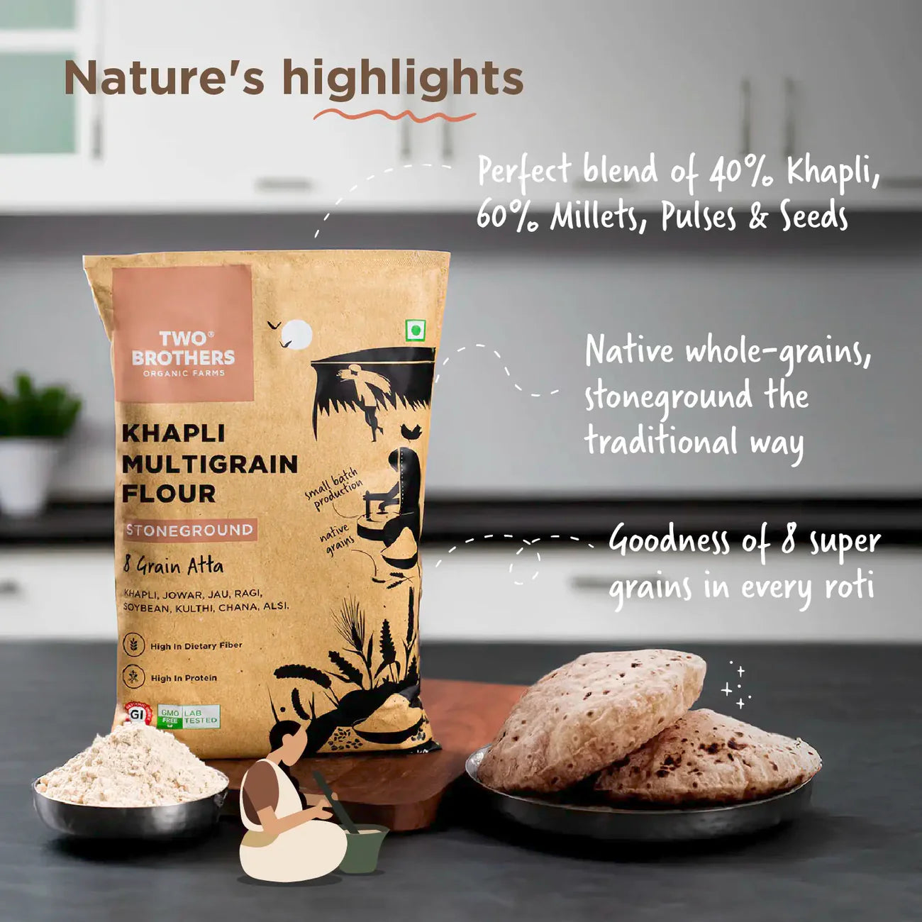 Two Brothers Organic Farms Khapli Multigrain Atta - 5Kg