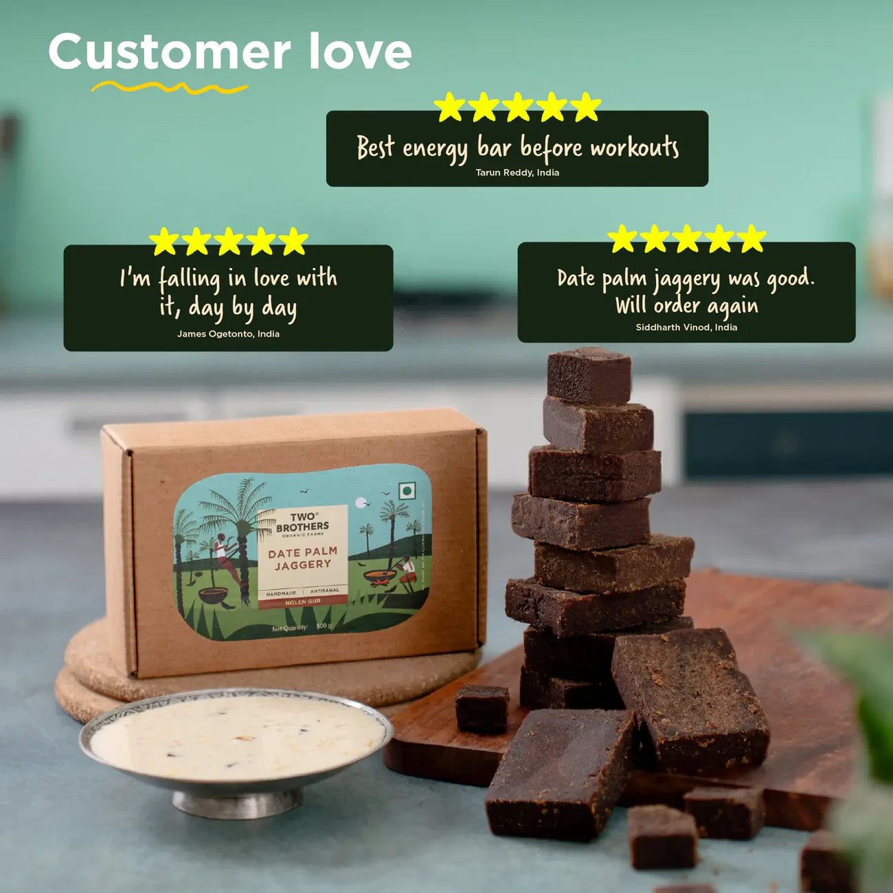 Two Brother Organic Farms Date Palm Jaggery Solid, Pure Date Palm Sap 500 Gms