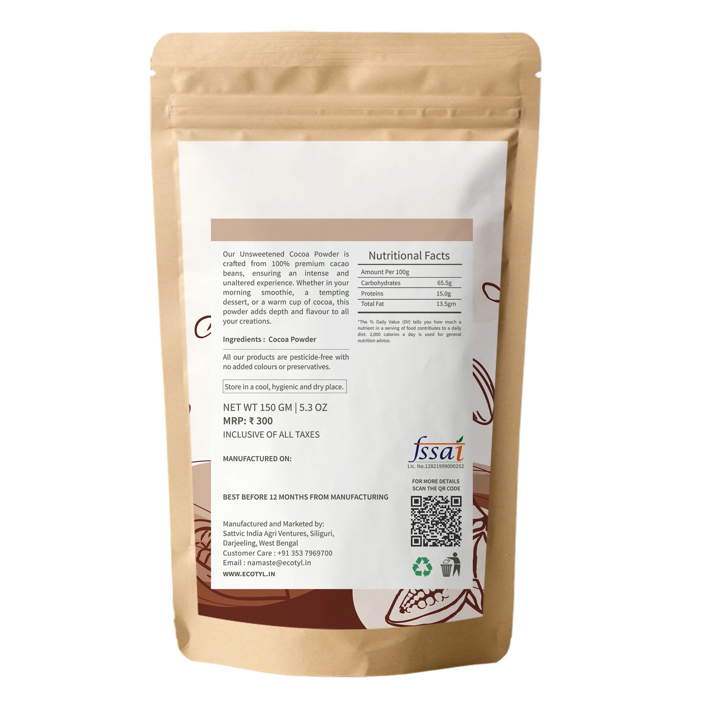 Ecotyl's Unsweetened Cocoa Powder 150 g