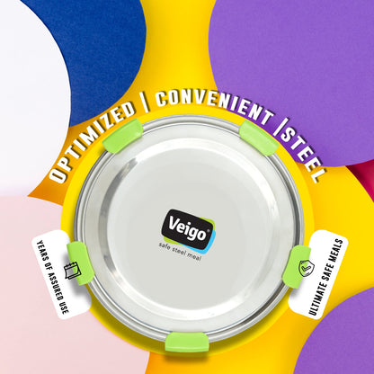 Veigo Maxosteel Round Storage Boxes with reversible clip mechanism- Set of 3 lunch boxes containers
