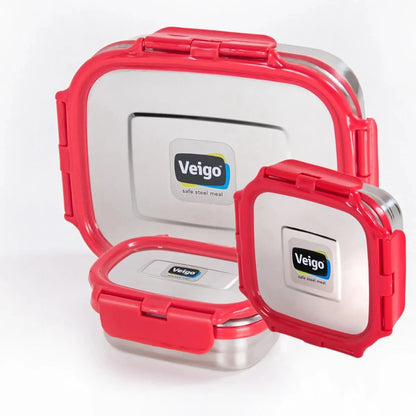 Veigo Celebration- Set of 3 Stainless Steel Leakproof Lunch Boxes(Ready-to-Gift Pack)